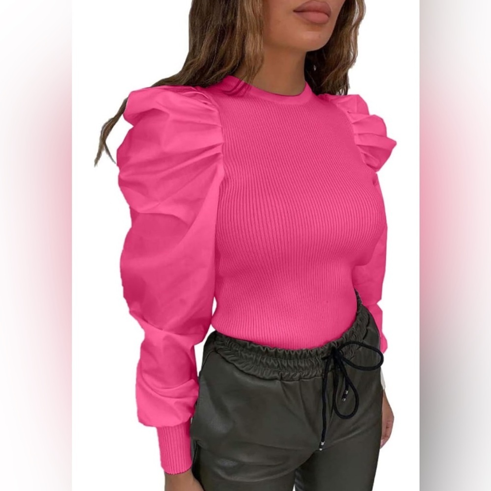 Puff Long Sleeve Ribbed Ruched Crewneck Slim Fit PartyTop